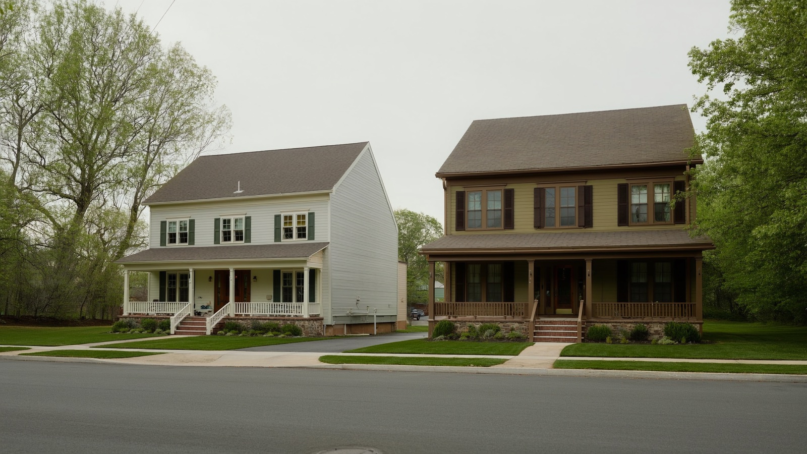 Two neighboring midwestern homes side by side on a tree-lined street