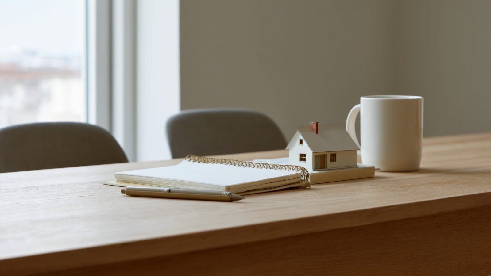 Kitchen table with a small model house, notebook, and coffee mug in morning light