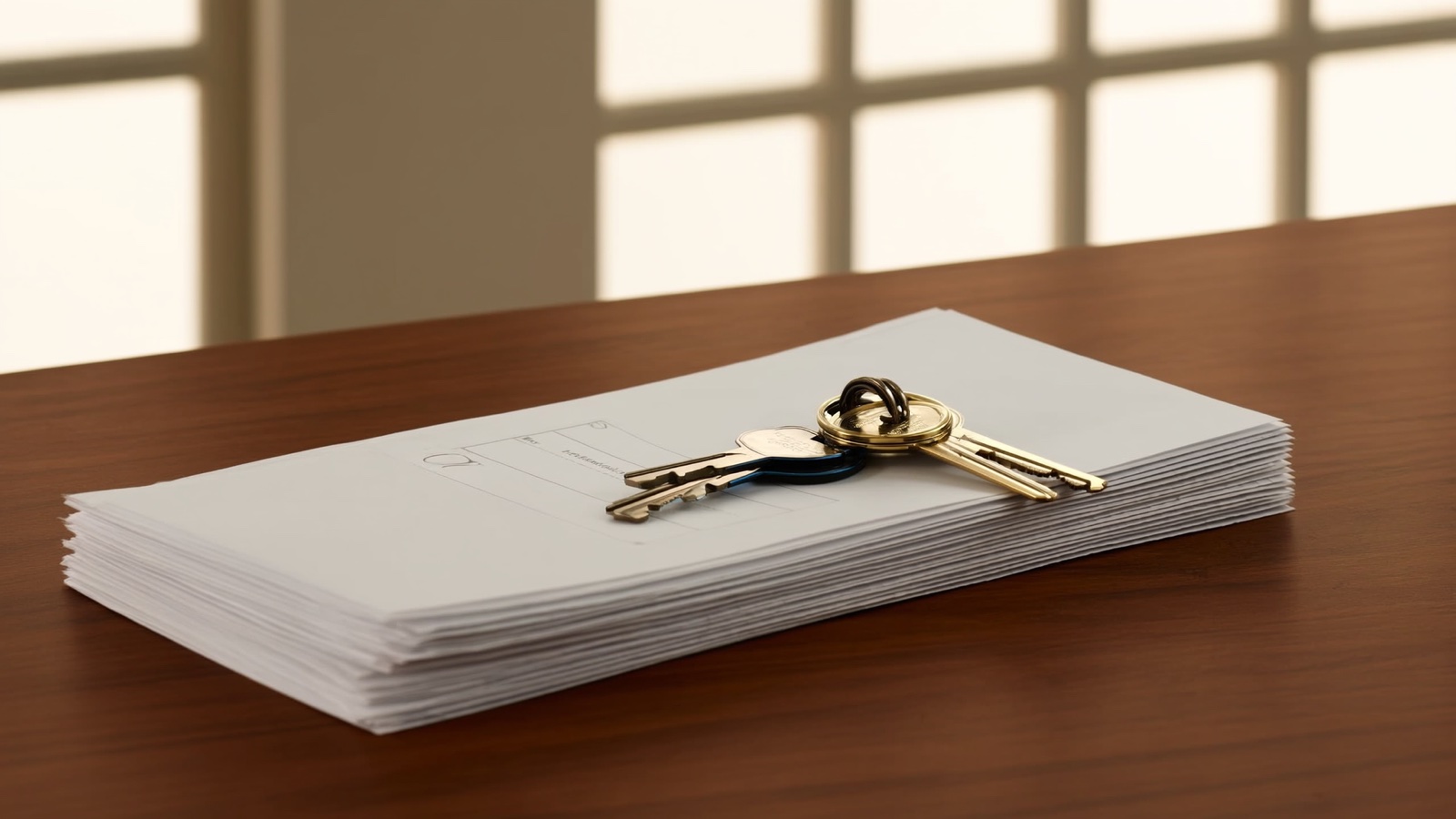 House keys resting on closing documents on a wooden table